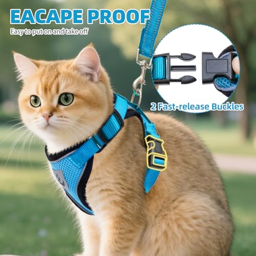 Cat Harness and Leash Set Escape Proof Reflective Cat Walking Harness Adjustable Soft Breathable Mesh Vest for Small Pets (S (NECK 9.5"-11", CHEST 13"-16") / Blue)