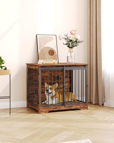 31.9" M Dog Crate Furniture Indoor Dog Kennel with Barn Door (Rustic Brown / 31.9"L x 21.7"W x 26.6"H)