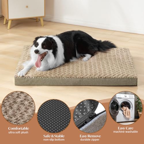 Dog Bed Mat Plush 4in Orthopedic Pad for Large Dogs up to 110 lbs Waterproof Removable Cover Machine Washable for XXL Dogs (Light Brown / XXL)
