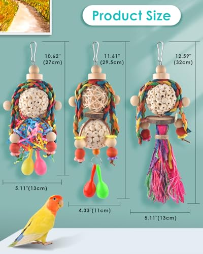 3PCS Bird Parrot Foraging Shredder Hanging Toys Sola Balls with Sand Hammer for Small Parrots Parakeets Conures Cockatiels Love Birds Cage Toy (3 PCS)