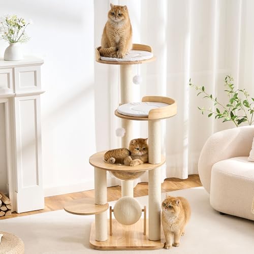 Modern Solid Wood Cat Tree Tower (49 Inch-Scratch Ball)