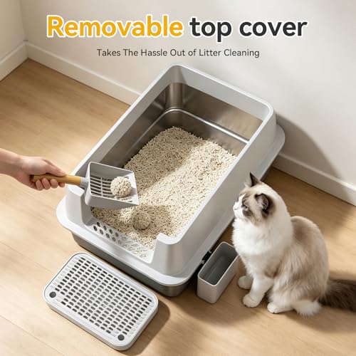 XL Enclosed Stainless Steel Litter Box with Lid (Light Gray)
