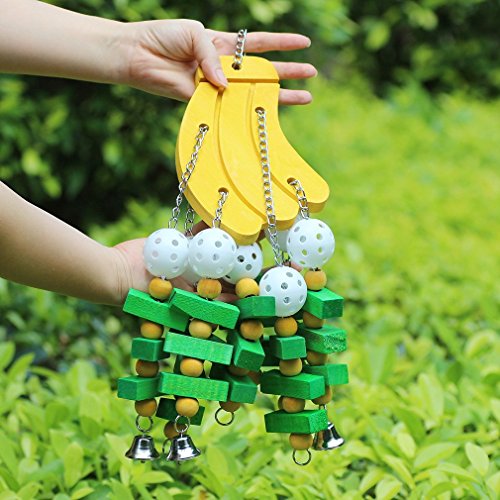 Large Parrot Hanging Swing Toy Bells Chew Toy Colorful Hanging Wood Block Parrot Macaw African Greys Cockatiels Budgies Conure Banana Shape Natural Birds Cage Hanging Toy (Banana)