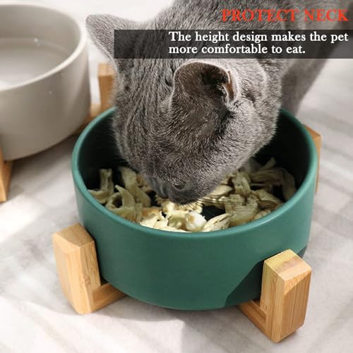 Dog Bowls Green Ceramic Cat Dog Bowl Set with Stand for Food and Water Feeder (Deep Green / 850ML*2)