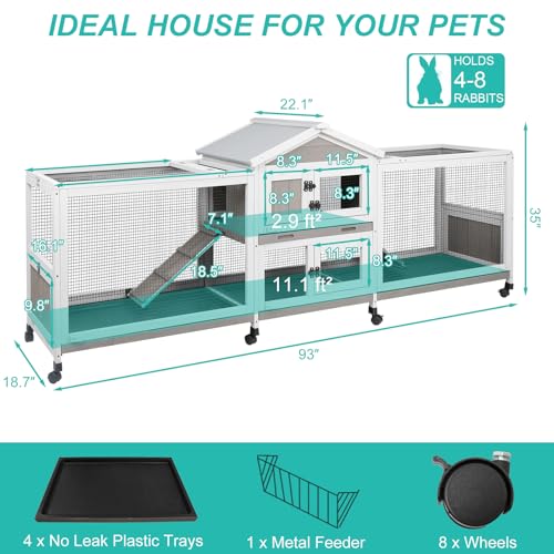 93" L 2 Tier Rabbit Hutch with Wheels (93"L x 19"W x 35"H)