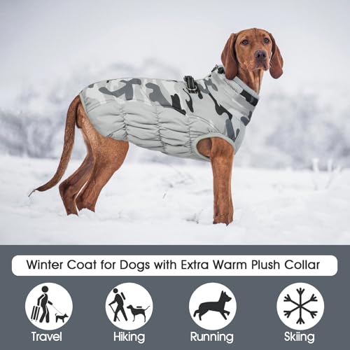 Dog Cold Weather Coats Reflective Dog Warm Jacket with Harness (Grey Camo / M(chest:21in))