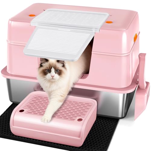Pink Stainless Steel Covered Cat Litter Box (Pink((With Mat&Step))