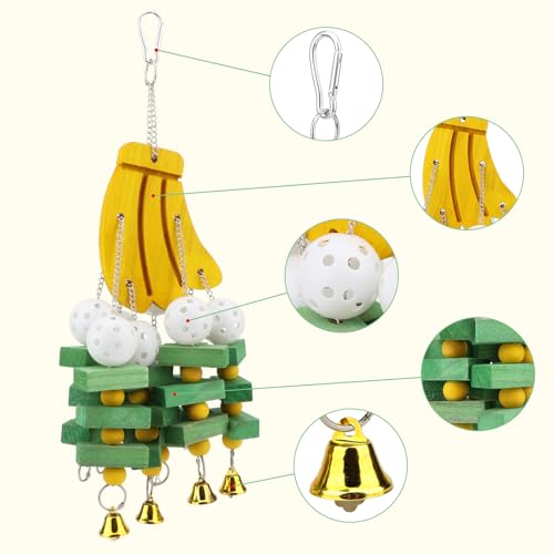 Large Parrot Hanging Swing Toy Bells Chew Toy Colorful Hanging Wood Block Parrot Macaw African Greys Cockatiels Budgies Conure Banana Shape Natural Birds Cage Hanging Toy (Banana)