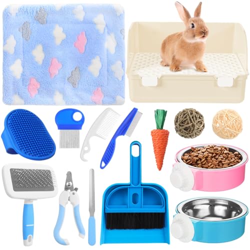 15 Pcs Rabbit Starter Kit Small Rabbit Litter Box Girls Gift Animal Grooming Kit Bunny Toys Bowl Blankets with Cleaning Set for Guinea Pig Accessories (Beige)