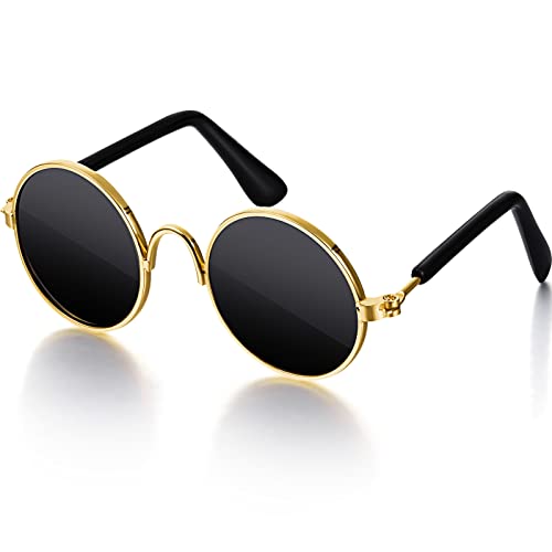 Dog Sunglasses Round Metal Pet Eyewear (Gold, Black / Classic Style)