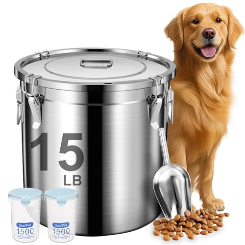 15lb Airtight Stainless Steel Dog Food Storage Container with Scoop (Stainless steel / 15 lb)