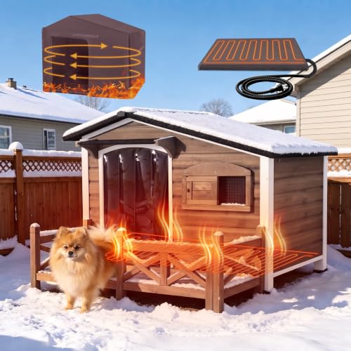 Heated Dog House for Outside Iron Frame Outdoor Shelter Brown