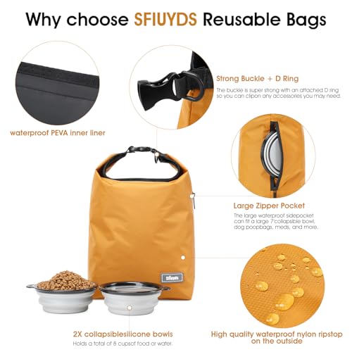 Pet Food Storage Dog Food Travel Container with 2PCS Collapsible Dog Travel Bowls Waterproof Kibble Storage Bag (Yellow / 12L)