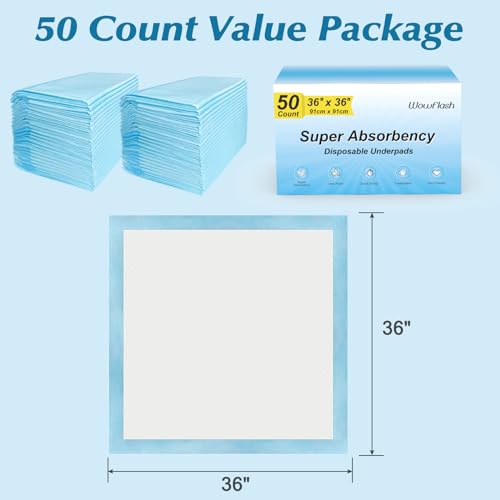 50 Count 36” x 36” Super Absorbency Disposable Underpads (50 Count 36" x 36")