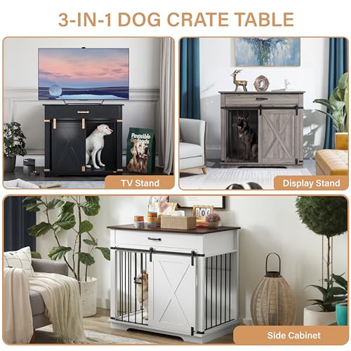 37.8'' Dog Crate Furniture with Storage Drawer (White)
