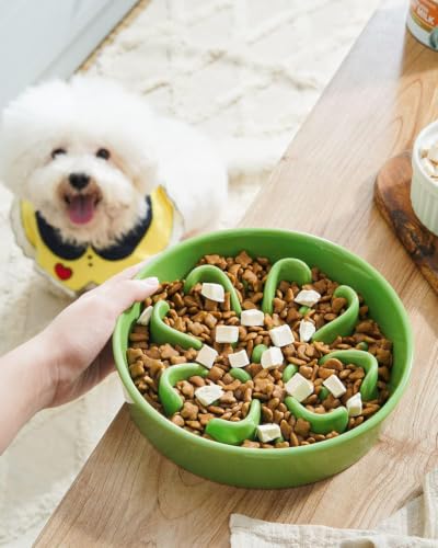 2 Pack Ceramic Slow Feeder Dog Bowls (Pink+Green(2 Pieces) / M-1.5 Cups)