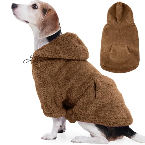 Fuzzy Dog Sweater with Adjustable Hood & Harness Hole (X-Large / Brown)