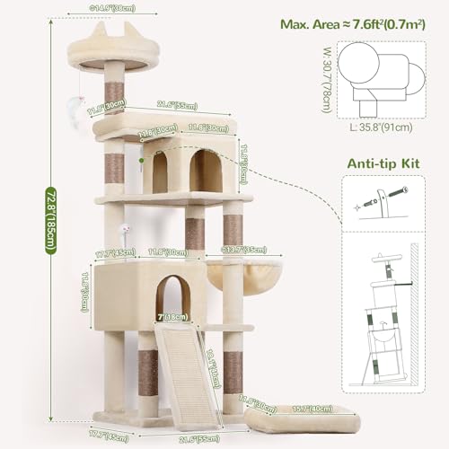 S72 Heavy Duty Cat Trees for Large Cats 20 lbs+ (Beige / 72 inch)