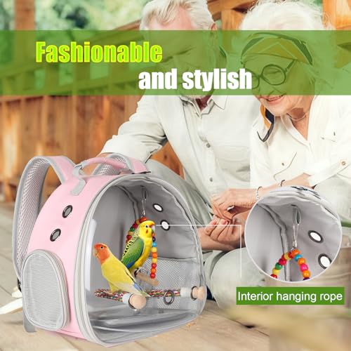 Portable Parrot Travel Cage Carrier with Small Swing Toy&Cage Colorful Toys Set Small Bird Parakeet Bag with Standing Perch Bird Carry Transport Bag (Pink / Backpack/swing)