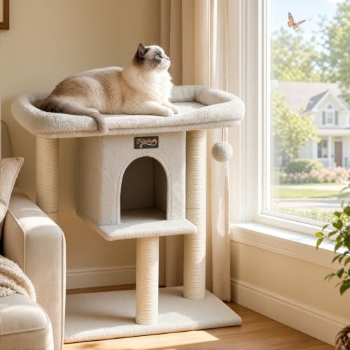Cat Tree Tower Scratching Post for Indoor Large Adult Cats with Perch Bed (Light Grey / 28 Inches)