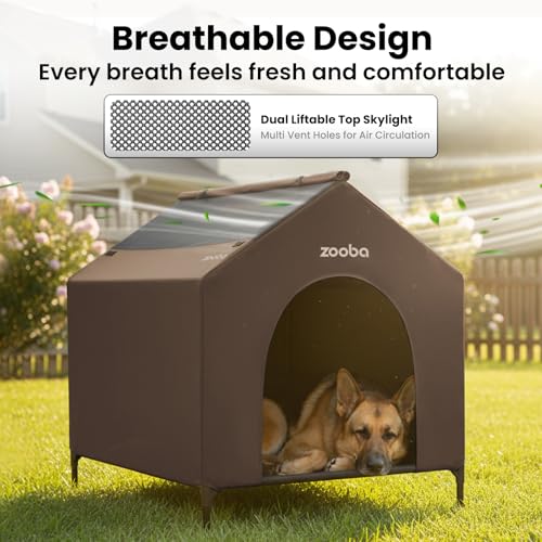 42" 2-in-1 Dog House for Medium Dogs, Elevted Dog House Outdoor/Indoor, Puppy Shelter Outside,Water Resistant 600D PVC and Durable 2x1 Textilene Raised Dog Bed(Brown) (X-Large: 42inch)
