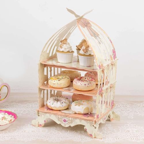 Efavormart 3 Tier White Peach Birdcage Cardboard Cupcake Stand with Floral Print (3-Tier 18" Bird Cage / White Peach)