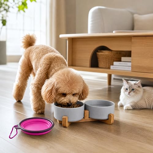 Ceramic Dog Bowl Set with Wood Stand (Grey / 400ML*2)