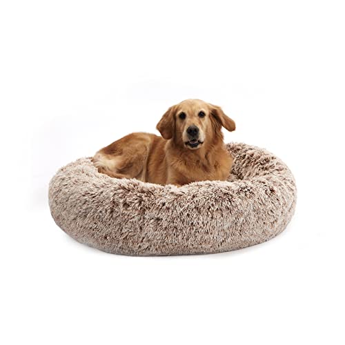 Calming Fluffy Donut Dog Bed for Large Dogs (36.0"L x 36.0"W x 8.0"Th / Brown)