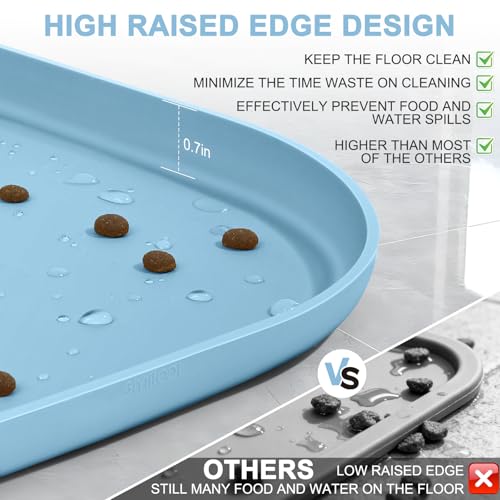 Waterproof Silicone Pet Food Mat with Raised Edge for Dog & Cat (Light Blue / 12"L x 12"W)