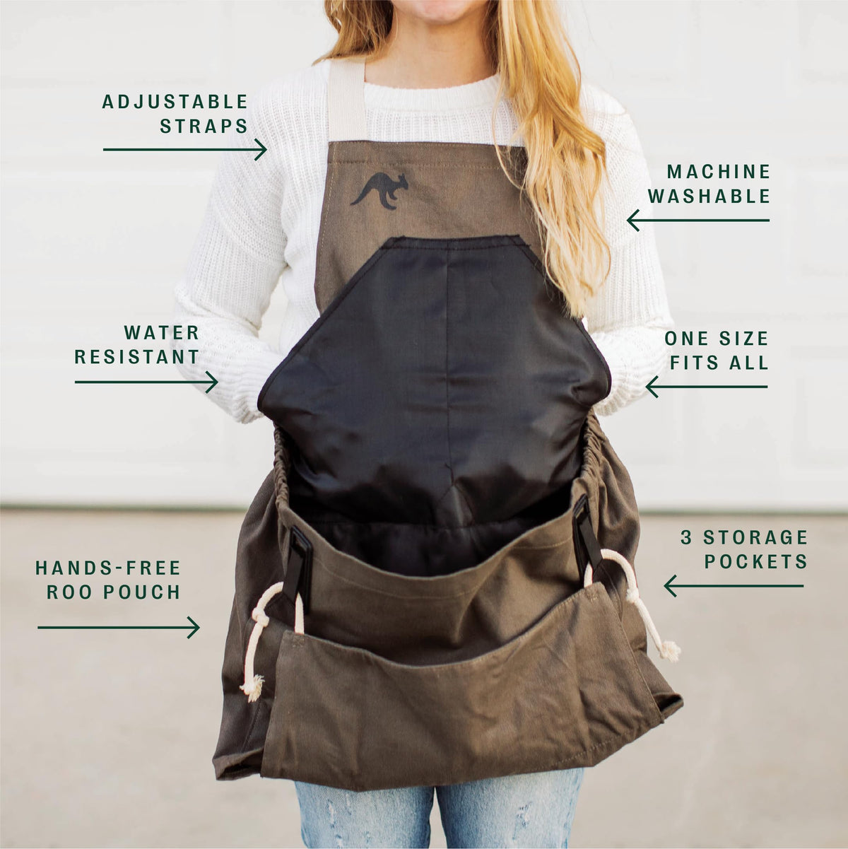 Roo Gardening Apron with Pockets for Women & Men (Roo-full Size / Leaf Green)
