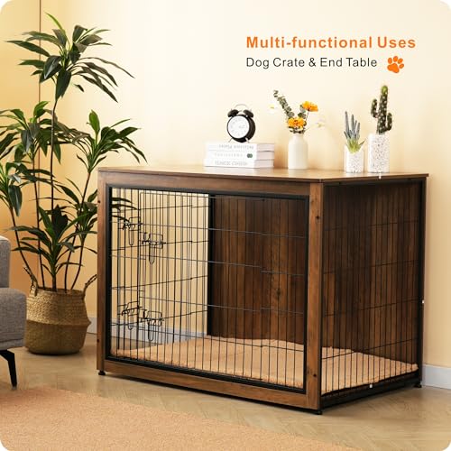 43.3" XXL Dog Crate Furniture with Cushion (Warm Brown / 43.3"L x 29.1"W x 31.7"H)