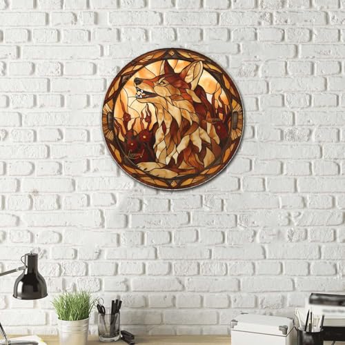 Metal Sign Tin Sign Circular Stained Glass Coyote Tin Signs Gardening for Bar 8×8 Inches (8×8 Inches / Coyote-1)
