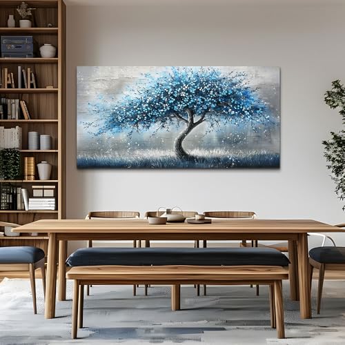 Large Wall Art Prints Abstract Canvas Painting Blue Tree Picture Landscape Artwork Office Decor Modern Poster Ready To Hang Framed For Living Room Bedroom Home Decorations Wall Decor (60"L x 30"W / Blue Tree)