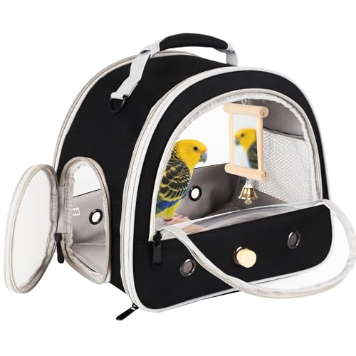 Parrot Travel Cage Carrier with Bird Cage Bells Mirror Set (Black / 12.0"L x 8.0"W x 12.0"H)