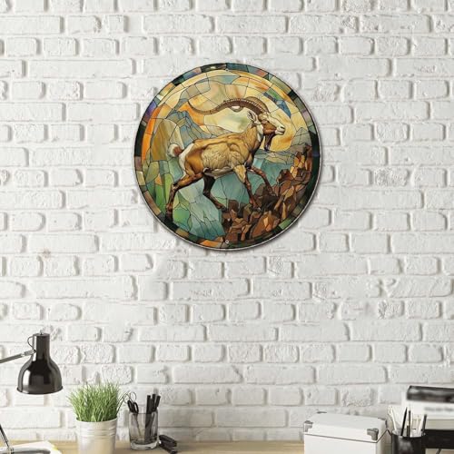 Metal Sign Tin Sign Circular Stained Glass Mountain Goat Wall Art for Bar 12×12 Inches (12×12 Inches / Mountain Goat-2)
