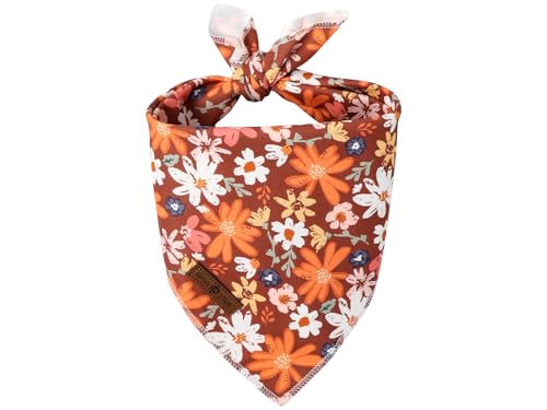 Fall Dog Bandana Washable Cotton Borwn Handkerchief Scarf Triangle Floral Oxalis Bandana for Medium Large Dogs Girl Boy (Brown Blossoms / Large (Pack of 1))