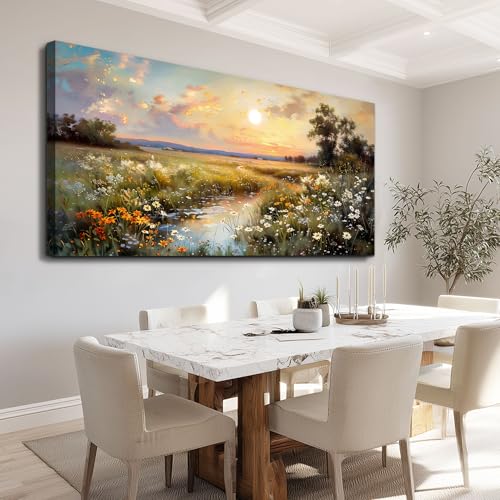 Large Canvas Wall Art for Living Room Wall Decor Bedroom Vintage Farmhouse Wildflower Wall Painting Office Decorations Nature Landscape Picture Artwork Aesthetic Home Decor Ready To Hang (60"L x 30"W / Rural Scenery)