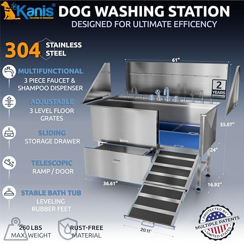 Professional Dog Washing Station 304 Stainless Steel Pet Wash Sink (Silver, Right Ramp, 1 Drawer / 61 Inches)