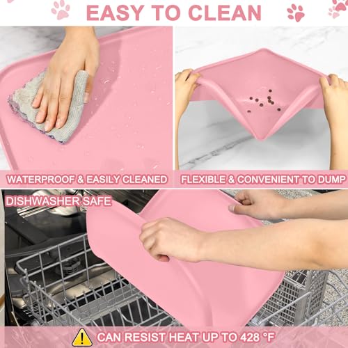 Waterproof Silicone Pet Food Mat with Raised Edge for Dog & Cat (Sakura Pink / 19"L x 12"W)