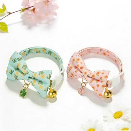 2 Pack Floral Cat Collars with Bow Tie and Bell Adjustable Breakaway Bowtie Cute Kitten Collar (S:Neck 7.0" - 11.0" / Floral Green+Pink)