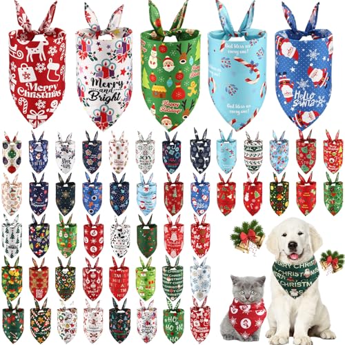 50 Pcs Christmas Dog Bandanas Bulk Pet Scarfs Triangle Bibs Adjustable Washable Puppy Kerchief Seasonal Pet Costume Accessories Grooming Supplies for Small Medium Large Dogs Cats (Christmas)