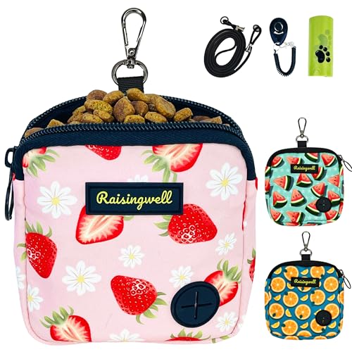 Dog Treat Pouch for Pet Walking and Training with Clicker Poop Bags Small Fanny Zipper Pack Holder for Puppy Snack Dispenser Kit for Leash and Outdoor Use (One Bag / b1.Strawberry)