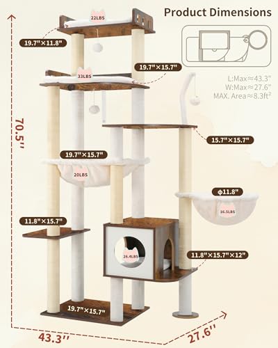 Cat Tree 70.5" Wood Tall Cat Tower for Large Indoor Cats HCT121SR (Rustic Brown / 70.5 inch)