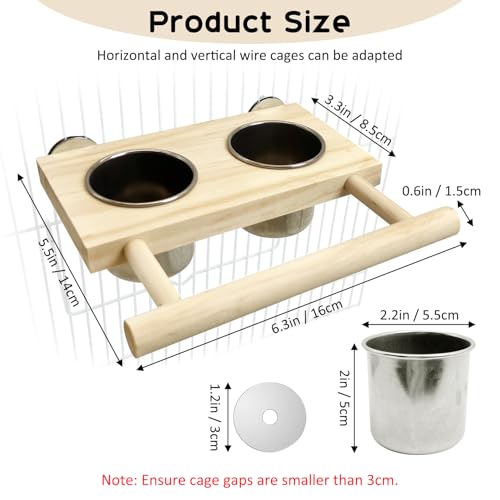 Bird Feeding Dish Cups with Wooden Platform Hanging Stainless Steel Parrot Cage Feeder Bowl Wood Perch Stand for Parakeet Cockatiels Lovebirds Budgie (Small)