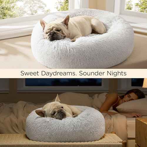 Calming Small Dog Bed Donut Washable Cat＆Puppy Bed (23"L x 23"W x 8"Th / Frost Grey)