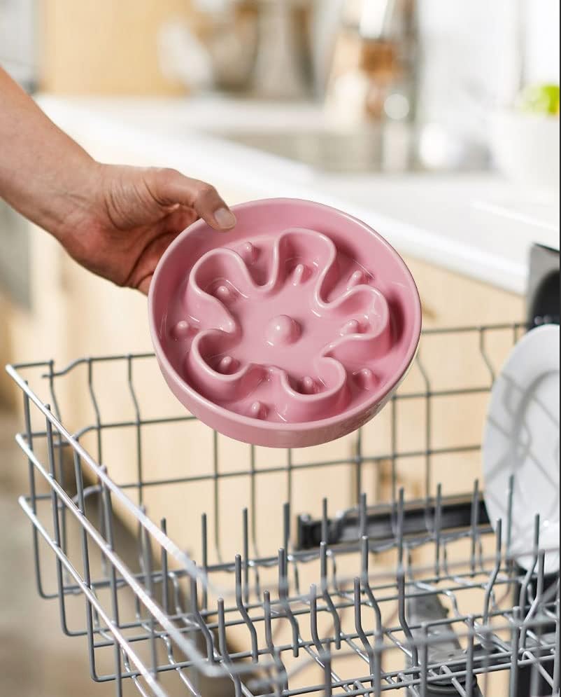 2 Pack Ceramic Slow Feeder Dog Bowls (Pink+Green(2 Pieces) / M-1.5 Cups)