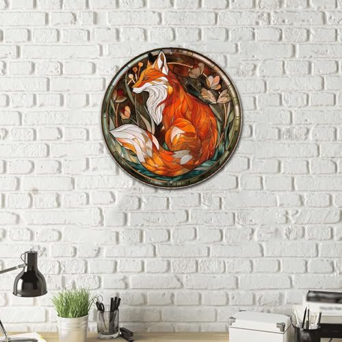 Metal Sign Tin Sign Circular Stained Glass Red Fox Bar Signs for Home Bar for Garage 12×12 Inches (12×12 Inches / Red Fox-1)