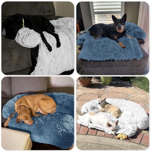 Calming Dog Bed Fluffy Plush Dog Mat for Furniture Protector with Removable Washable Cover for Large Medium Small Dogs and Cats (Navy / 53.0"L x 39.3"W x 6.0"Th)
