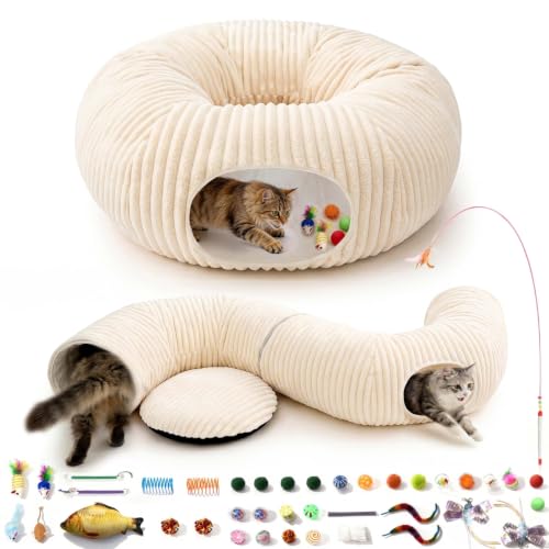 Cat Tunnel Bed with 40 Pcs Interactive Cat Toys (White / Medium)