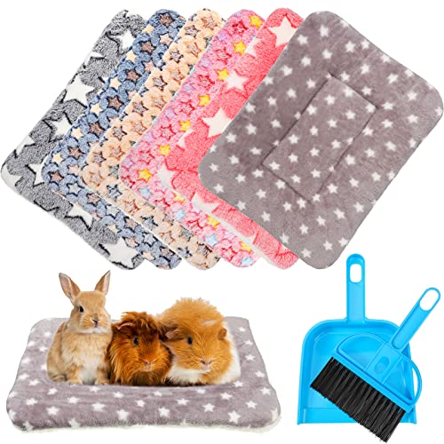 6 Pieces Guinea Pig Bed Mats with Cleaning Dustpan Brush Washable Plush Cage Lines Soft Fleece Sleeping Bedding Pads for Hamster Bunny Chinchilla Squirrel Small Animals (Cute Color)